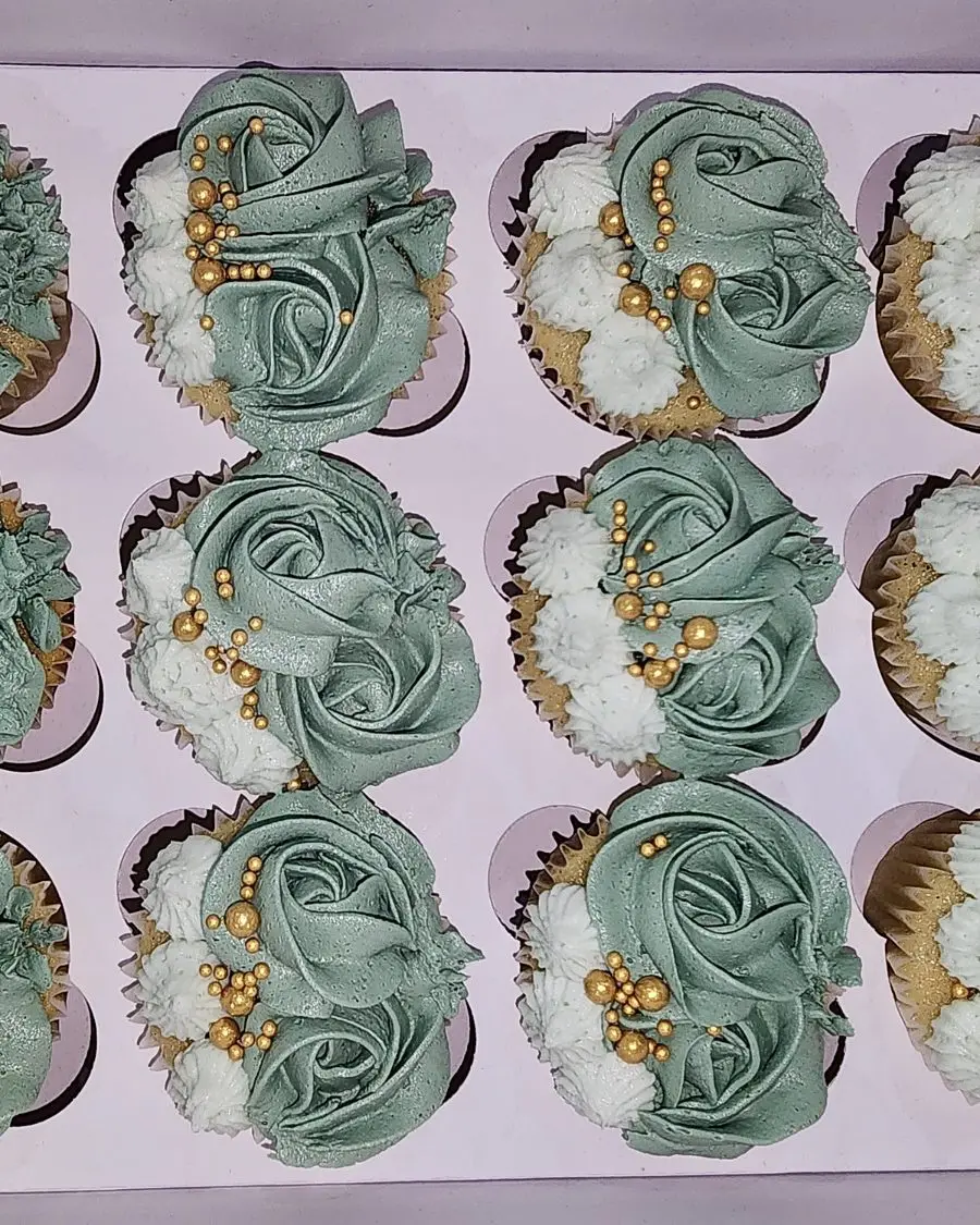 Sage green cupcakes with gold pearls